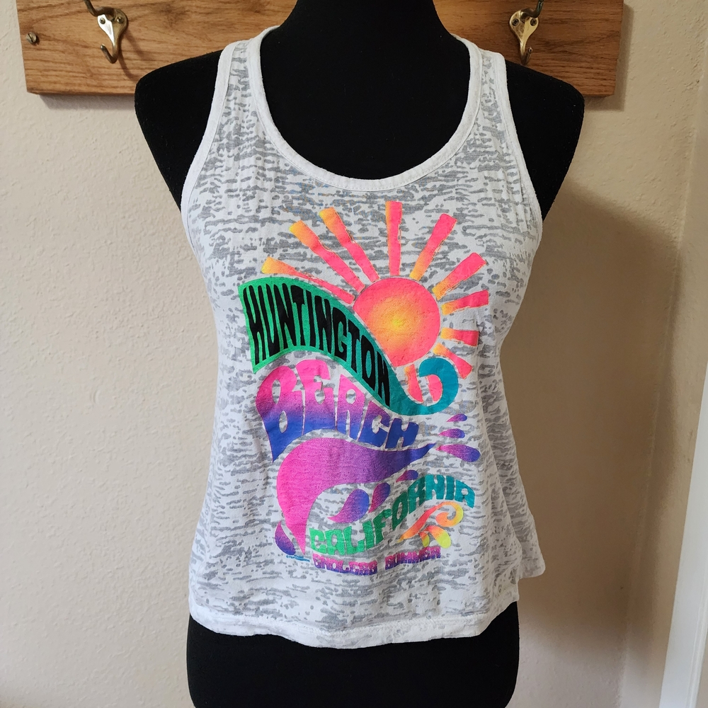 Huntington Beach Summer Graphic White Sheer Tank Top